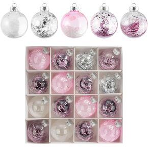 16PCS Clear Pink Christmas Balls Ornaments, 3.15 inch Shatterproof Christmas Balls with Filler, Christmas Decorative Hanging Ornaments Set for Xmas Tree/Party/Holiday (Pink)