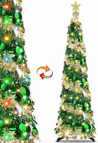 6 Feet Pop Up Christmas Tree Collapsible Artificial Christmas Tree with Timer 100 Warm Lights&Colored Change 8 Modes, 1 Minute Skinny Pencil Tinsel Tree with 3D Star for Home Fireplace Indoor Outdoor in Saudi Arabia