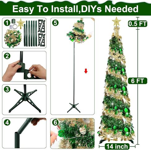 6 Feet Pop Up Christmas Tree Collapsible Artificial Christmas Tree with Timer 100 Warm Lights&Colored Change 8 Modes, 1 Minute Skinny Pencil Tinsel Tree with 3D Star for Home Fireplace Indoor Outdoor in Saudi Arabia