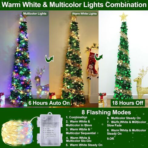 6 Feet Pop Up Christmas Tree Collapsible Artificial Christmas Tree with Timer 100 Warm Lights&Colored Change 8 Modes, 1 Minute Skinny Pencil Tinsel Tree with 3D Star for Home Fireplace Indoor Outdoor in Saudi Arabia