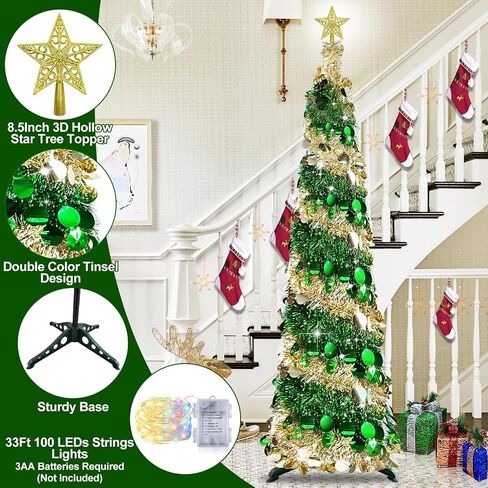 6 Feet Pop Up Christmas Tree Collapsible Artificial Christmas Tree with Timer 100 Warm Lights&Colored Change 8 Modes, 1 Minute Skinny Pencil Tinsel Tree with 3D Star for Home Fireplace Indoor Outdoor in Saudi Arabia
