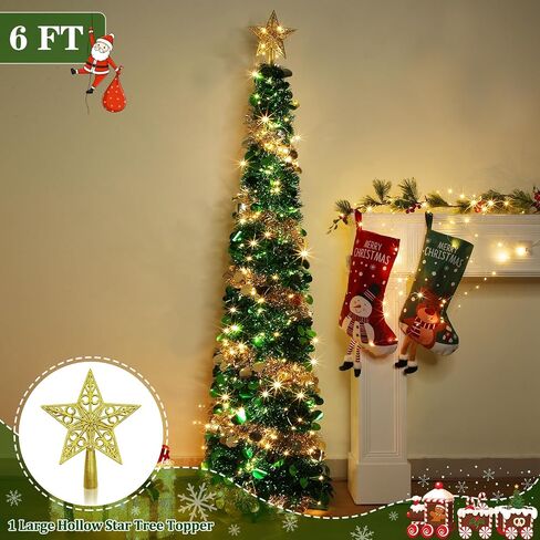 6 Feet Pop Up Christmas Tree Collapsible Artificial Christmas Tree with Timer 100 Warm Lights&Colored Change 8 Modes, 1 Minute Skinny Pencil Tinsel Tree with 3D Star for Home Fireplace Indoor Outdoor in Saudi Arabia