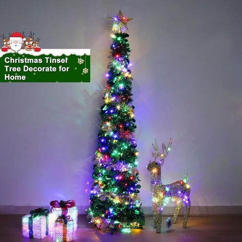 6 Feet Pop Up Christmas Tree Collapsible Artificial Christmas Tree with Timer 100 Warm Lights&Colored Change 8 Modes, 1 Minute Skinny Pencil Tinsel Tree with 3D Star for Home Fireplace Indoor Outdoor in Saudi Arabia