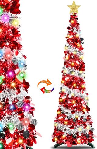 6 Feet Pop Up Christmas Tree Collapsible Artificial Christmas Tree with Timer 100 Warm Lights&Colored Change 8 Modes, 1 Minute Skinny Pencil Tinsel Tree with 3D Star for Home Fireplace Indoor Outdoor in Saudi Arabia