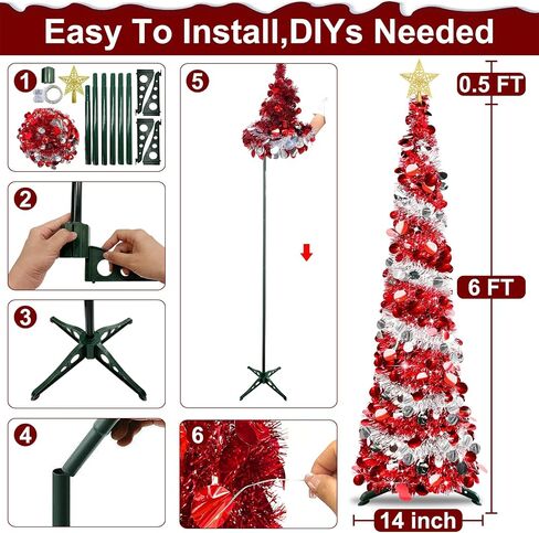 6 Feet Pop Up Christmas Tree Collapsible Artificial Christmas Tree with Timer 100 Warm Lights&Colored Change 8 Modes, 1 Minute Skinny Pencil Tinsel Tree with 3D Star for Home Fireplace Indoor Outdoor in Saudi Arabia