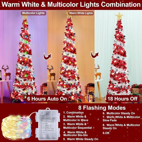 6 Feet Pop Up Christmas Tree Collapsible Artificial Christmas Tree with Timer 100 Warm Lights&Colored Change 8 Modes, 1 Minute Skinny Pencil Tinsel Tree with 3D Star for Home Fireplace Indoor Outdoor in Saudi Arabia