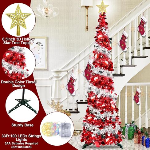 6 Feet Pop Up Christmas Tree Collapsible Artificial Christmas Tree with Timer 100 Warm Lights&Colored Change 8 Modes, 1 Minute Skinny Pencil Tinsel Tree with 3D Star for Home Fireplace Indoor Outdoor in Saudi Arabia