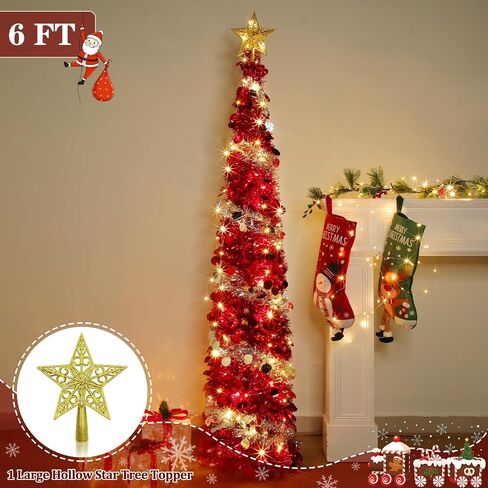 6 Feet Pop Up Christmas Tree Collapsible Artificial Christmas Tree with Timer 100 Warm Lights&Colored Change 8 Modes, 1 Minute Skinny Pencil Tinsel Tree with 3D Star for Home Fireplace Indoor Outdoor in Saudi Arabia