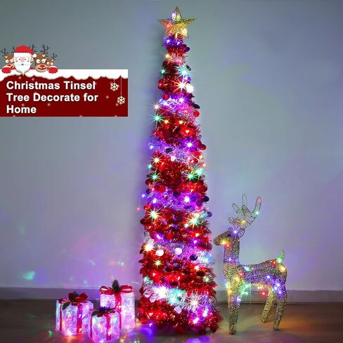 6 Feet Pop Up Christmas Tree Collapsible Artificial Christmas Tree with Timer 100 Warm Lights&Colored Change 8 Modes, 1 Minute Skinny Pencil Tinsel Tree with 3D Star for Home Fireplace Indoor Outdoor in Saudi Arabia