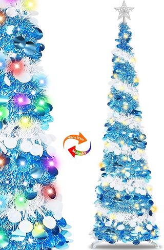 6 Feet Pop Up Christmas Tree Collapsible Artificial Christmas Tree with Timer 100 Warm Lights&Colored Change 8 Modes, 1 Minute Skinny Pencil Tinsel Tree with 3D Star for Home Fireplace Indoor Outdoor in Saudi Arabia