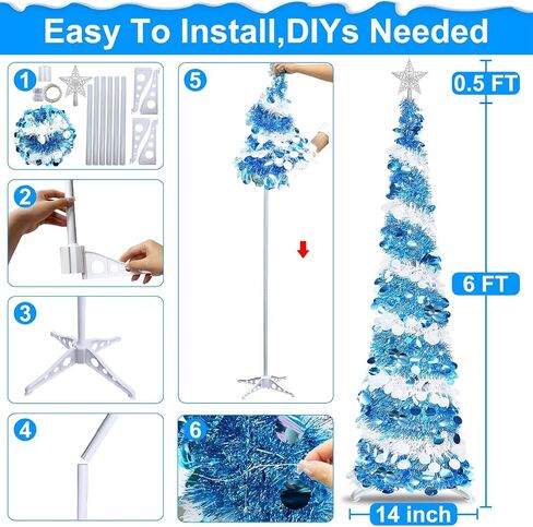 6 Feet Pop Up Christmas Tree Collapsible Artificial Christmas Tree with Timer 100 Warm Lights&Colored Change 8 Modes, 1 Minute Skinny Pencil Tinsel Tree with 3D Star for Home Fireplace Indoor Outdoor in Saudi Arabia