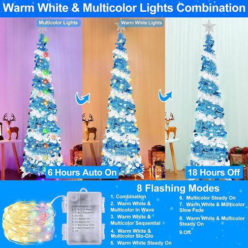 6 Feet Pop Up Christmas Tree Collapsible Artificial Christmas Tree with Timer 100 Warm Lights&Colored Change 8 Modes, 1 Minute Skinny Pencil Tinsel Tree with 3D Star for Home Fireplace Indoor Outdoor in Saudi Arabia