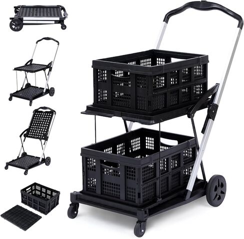 عربة تسوق سوبر ماركت - عربة بقالة متنقلة قابلة للطي مع عجلات دوارة 360 درجة، عربات قابلة للطي متعددة الاستخدام مع صندوق تخزين واحد in Saudi Arabia