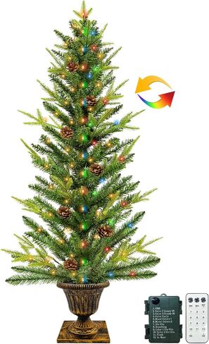 Realistic-Feel PE&Dual Color Change 4 Ft Fraser Fir Artificial Potted Christmas Tree, Timer 80 Warm White & Colored Light 12 Mode Remote Battery Operated Big Pinecones Xmas Tree Outdoor Porch Decor in Saudi Arabia