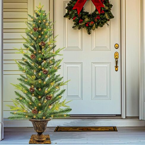 Realistic-Feel PE&Dual Color Change 4 Ft Fraser Fir Artificial Potted Christmas Tree, Timer 80 Warm White & Colored Light 12 Mode Remote Battery Operated Big Pinecones Xmas Tree Outdoor Porch Decor in Saudi Arabia
