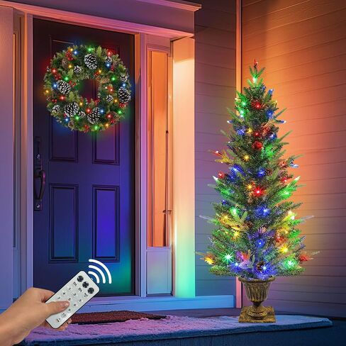 Realistic-Feel PE&Dual Color Change 4 Ft Fraser Fir Artificial Potted Christmas Tree, Timer 80 Warm White & Colored Light 12 Mode Remote Battery Operated Big Pinecones Xmas Tree Outdoor Porch Decor in Saudi Arabia