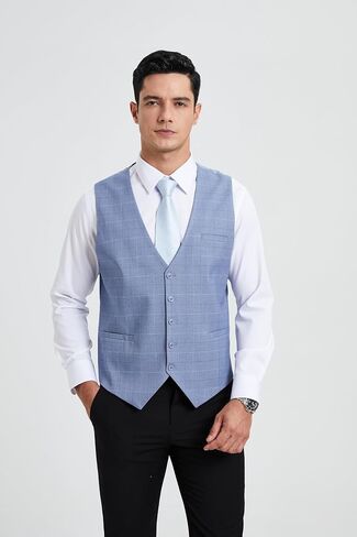 HISDERN Men's Suit Vest Plaid Dress Vest for Men Slim Fit Formal Business Waistcoat Tuxedo V-Ncek Solid Vest for Wedding in Kuwait