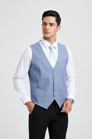 HISDERN Men's Suit Vest Plaid Dress Vest for Men Slim Fit Formal Business Waistcoat Tuxedo V-Ncek Solid Vest for Wedding in Kuwait