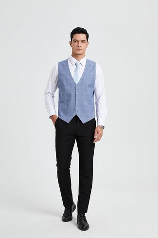 HISDERN Men's Suit Vest Plaid Dress Vest for Men Slim Fit Formal Business Waistcoat Tuxedo V-Ncek Solid Vest for Wedding in Kuwait