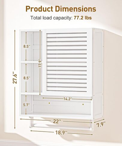 جدار خزانة الحمام من الخيزران مع بار المناشف، وخزانة الأدوية مع حجرة مفتوحة، ومنظم تخزين فوق المرحاض موفر للمساحة (الخيزران) in Kuwait