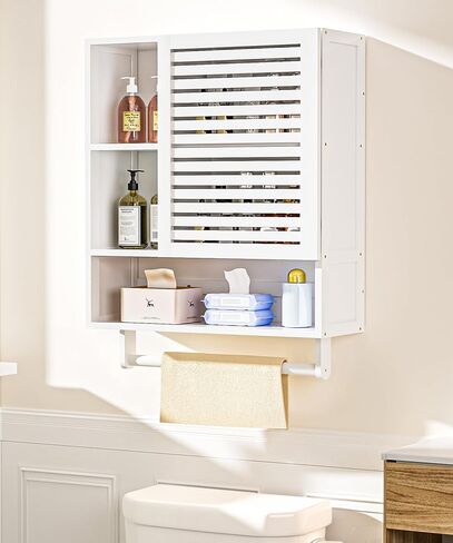 جدار خزانة الحمام من الخيزران مع بار المناشف، وخزانة الأدوية مع حجرة مفتوحة، ومنظم تخزين فوق المرحاض موفر للمساحة (الخيزران) in Kuwait