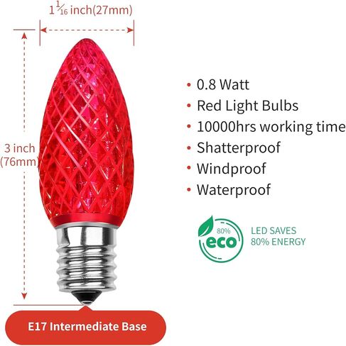 Meconard C9 Led Replacement Christmas Light Bulbs, C9 Shatterproof Led Bulbs for Christmas Indoor Outdoor String Lights, E17 Intermediate Base, Commercial Grade Holiday Bulbs, Red, 25Pack in Kuwait