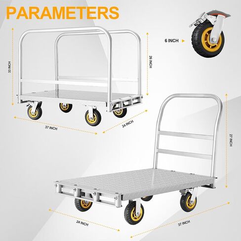 2IN1 Platform Truck Cart Heavy Duty Lumber Cart, Steel Panel Truck Cart w/360°Swivel Casters, 1Front and 2 Side Handrails Push Cart in Saudi Arabia
