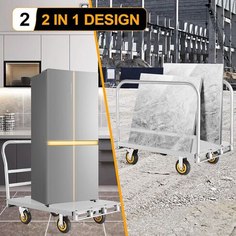 2IN1 Platform Truck Cart Heavy Duty Lumber Cart, Steel Panel Truck Cart w/360°Swivel Casters, 1Front and 2 Side Handrails Push Cart in Saudi Arabia
