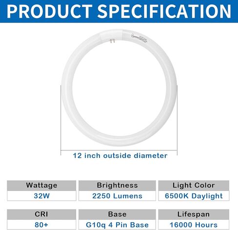 FC12T9/DL 32 Watts T9 Circline Fluorescent Light Bulb, 6500K Daylight, 12 Inch Round Fluorescent Bulb, 2250 Lumens, G10q 4 Pin Base, Circular Fluorescent Replacement Bulb - 2 Pack in Saudi Arabia