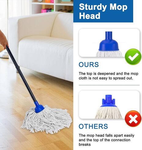 KeFanta Mop for Floor Cleaning,2 Pcs Cotton String Wet Mops Replacement Head Refill Compatible with Microfiber Cloth Mop & 0.8" Diameter Mop Handle(1 Handle & 2 Mop Heads) in Saudi Arabia
