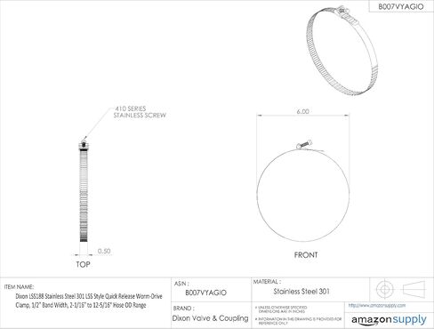 Dixon LSS216 Stainless Steel 301 LSS Style Quick Release Worm-Drive Clamp, 1/2" Band Width, 10-12/64" to 14" Hose OD Range in Saudi Arabia