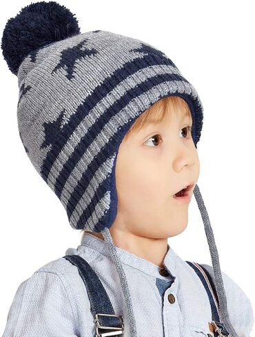 Somaler Toddler Boys Girls Winter Knit Hat with Earflap Kids Baby Fleece Lined Beanie Hat Pom Pom Ski Cap in Kuwait
