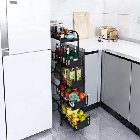 WHIFEA 5 Tier Slim Rolling Cart with Drawers Pull-Out Design Corner Storage Shelf Organizer with Wheels Metal Storage Shelving Unit for Narrow Space,Kitchen, Bedroom, Bathroom, Home Office in Saudi Arabia