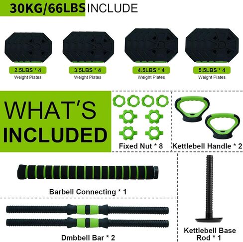 Adjustable Dumbbell Set, 4 in 1 Adjustable Kettlebell Set,44lbs/66lbs/88lbs Weight Set Used as Kettlebells, Barbell, Push up Stand for Home Gym,Green and Black,Octagon Head in Saudi Arabia