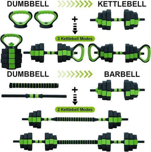 Adjustable Dumbbell Set, 4 in 1 Adjustable Kettlebell Set,44lbs/66lbs/88lbs Weight Set Used as Kettlebells, Barbell, Push up Stand for Home Gym,Green and Black,Octagon Head in Saudi Arabia