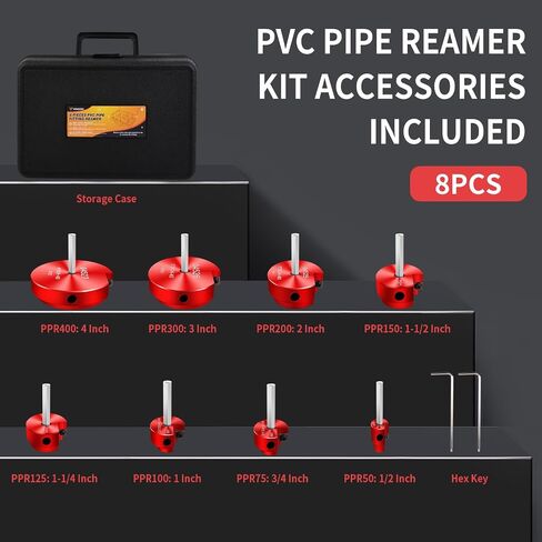 طقم مخرطة أنابيب PVC مكون من 8 قطع، مخرطة PVC مع 1/2 بوصة، 3/4 بوصة، 1 بوصة، 1-1/4 بوصة، 1-1/2 بوصة، 2 بوصة، 3 بوصة، 4 بوصة، موفر تركيب PVC برأس 1/ حافظة مقبس PVC مقاس 2 بوصة in Saudi Arabia