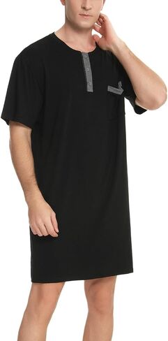 Men Short Sleeve Nightshirt Knee Length Nightgown Cotton Sleep Shirt Lounge Wear in Saudi Arabia