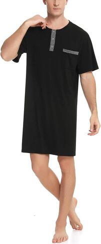 Men Short Sleeve Nightshirt Knee Length Nightgown Cotton Sleep Shirt Lounge Wear in Saudi Arabia