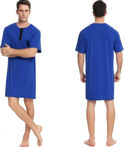 Men Short Sleeve Nightshirt Knee Length Nightgown Cotton Sleep Shirt Lounge Wear in Saudi Arabia