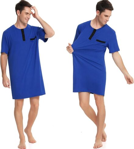 Men Short Sleeve Nightshirt Knee Length Nightgown Cotton Sleep Shirt Lounge Wear in Saudi Arabia