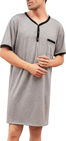 Men Short Sleeve Nightshirt Knee Length Nightgown Cotton Sleep Shirt Lounge Wear in Saudi Arabia