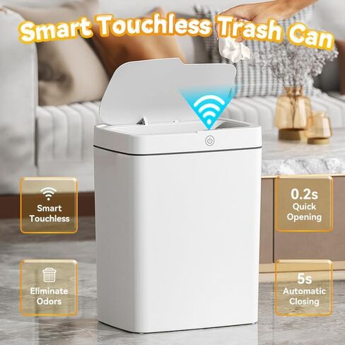 4.8 جالون مستشعر حركة أوتوماتيكي WhiteTrash مع غطاء، 18L نحيف من البلاستيك الذكي سلة المهملات بدون لمس، نحيف محس حركة مقاوم للماء صناديق قمامة بلاستيكية لغرفة النوم والمكتب والمطبخ والمرحاض in Saudi Arabia