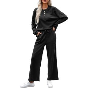 YIJIU Women's 2 Piece Outfits Casual Long Sleeve Button Down Knit Pullover Tops And Wide Leg Pants Lounge Sets with Pockets