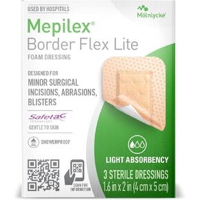 Mepilex Border Flex Lite 1.6 x 2 in (4x5 cm) Hospital Grade Dressings for Minor Surgical Incisions, Abrasions and Blisters for up to Several Day Use