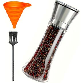 Pepper Grinder Salt Grinder, 8inch Stainless Steel Pepper Mill w/Adjustable Coarseness, Refillable Salt with Funnel, Cleaning Brush, Manual Pepper Grinder for Black Peppercorns