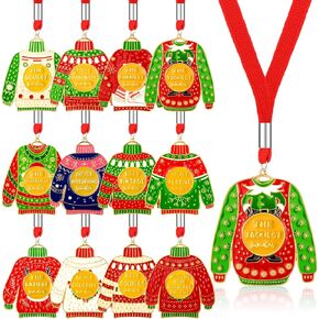 Misdary 12 قطعة عيد الميلاد القبيحة سترة ميدالية جائزة الكأس عيد الميلاد نمط الرقبة الشريط شجرة عيد الميلاد زخرفة لحزب سترة قبيحة مسابقة جوائز الإمدادات in Kuwait