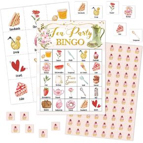 Tea Party Bingo Games Cards, Garden Tea Bingo Game Set, Spa Party Game, Sleepover Party Bingo Supplies for Women Adults Sisters Friends, Slumber/Pajama Party Decorations -25