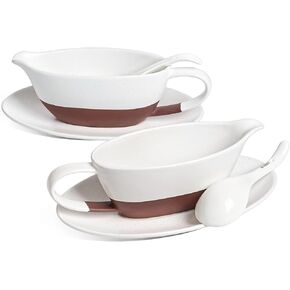 LE TAUCI 16 OZ Gravy Boat with Ladle and Saucer, Ceramic Gravy Bowl with Tray and Ladle for Thanksgiving Dinner, Microwave and Dishwasher Safe, Chestnut Red and White