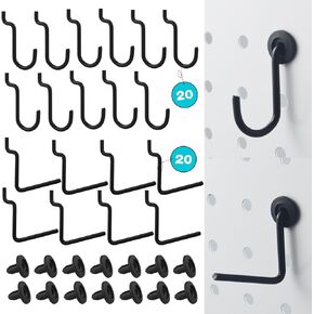 Pegboard J Hooks Accessories - 40 Set Peg Board L and J Type Hooks Fit 1/4 Pegboards - Metal Heavy Duty Small Racking Hangers Utility Tool Organizers for Kitchen Garage Workshop Craft Office (Black)