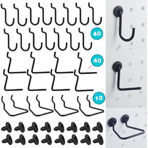 Pegboard J Hooks Accessories - 40 Set Peg Board L and J Type Hooks Fit 1/4 Pegboards - Metal Heavy Duty Small Racking Hangers Utility Tool Organizers for Kitchen Garage Workshop Craft Office (Black)